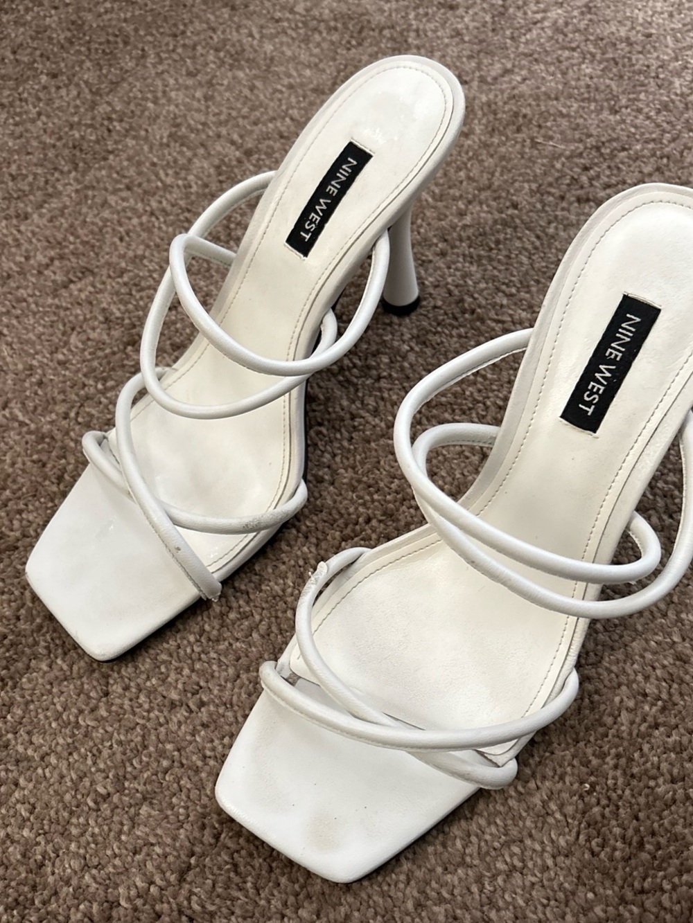 Nine West White Multi-Strap Square-Toe Heels